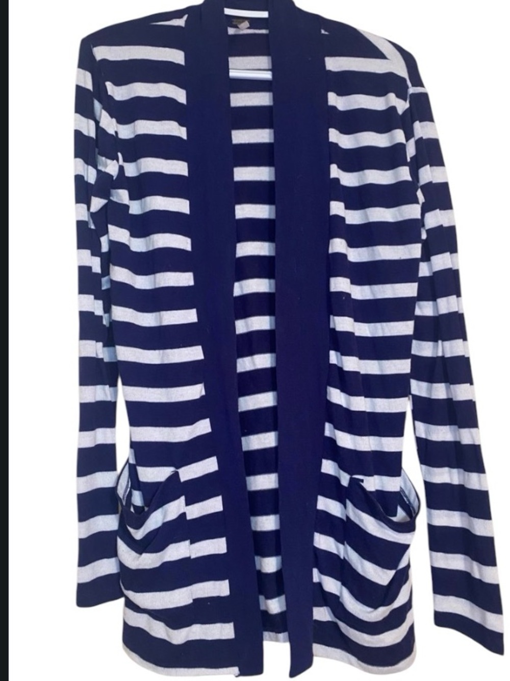 Poof! Navy and White Striped Open-Front Cardigan size large lightweight fabric